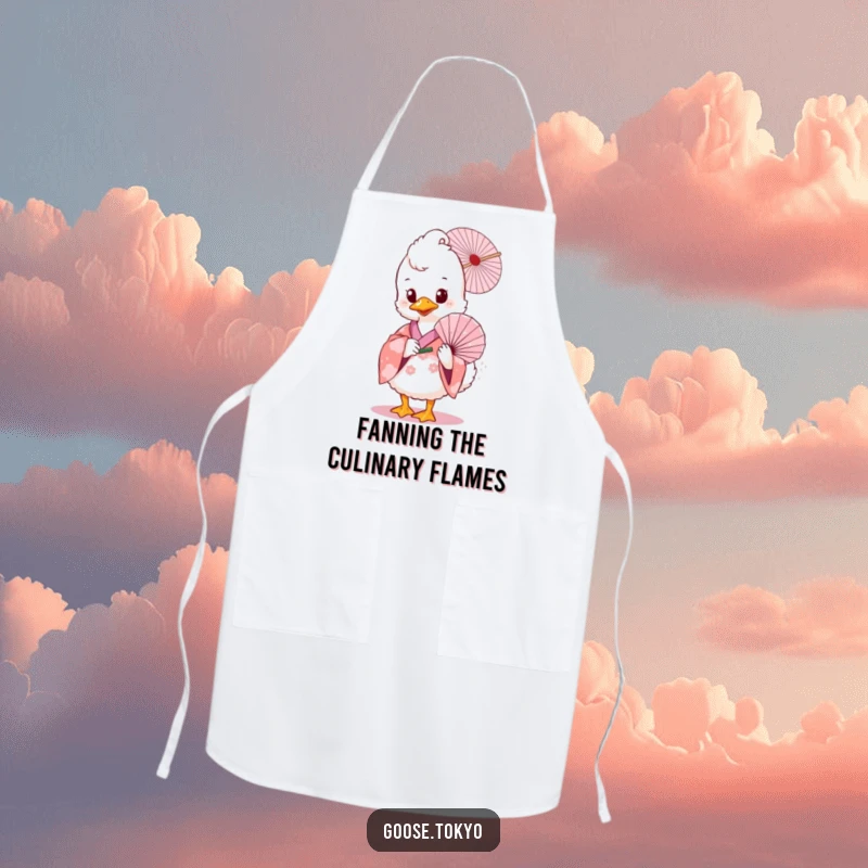 Funny goose apron, a fluffy goose wearing a pink floral kimono, holding a delicate fan, perfect for cooking or baking with style.