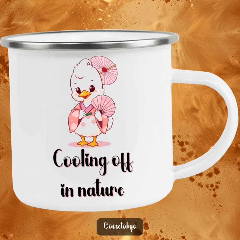 Funny goose camping mug, a fluffy goose wearing a pink floral kimono, holding a delicate fan, durable and portable for outdoor use.