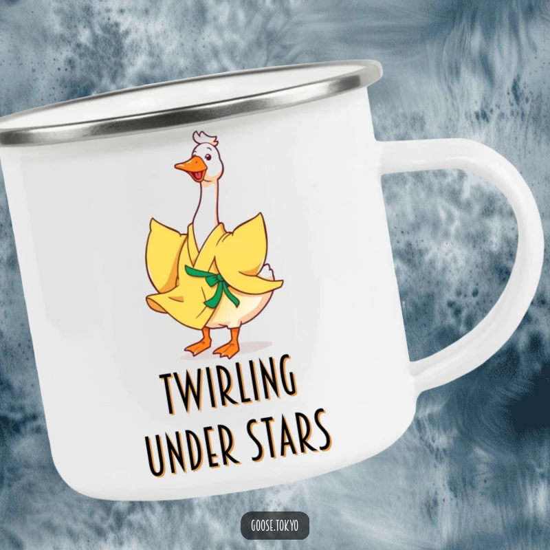 Funny goose camping mug, a happy goose in a flowing yellow kimono joyfully twirling, durable and portable for outdoor use.