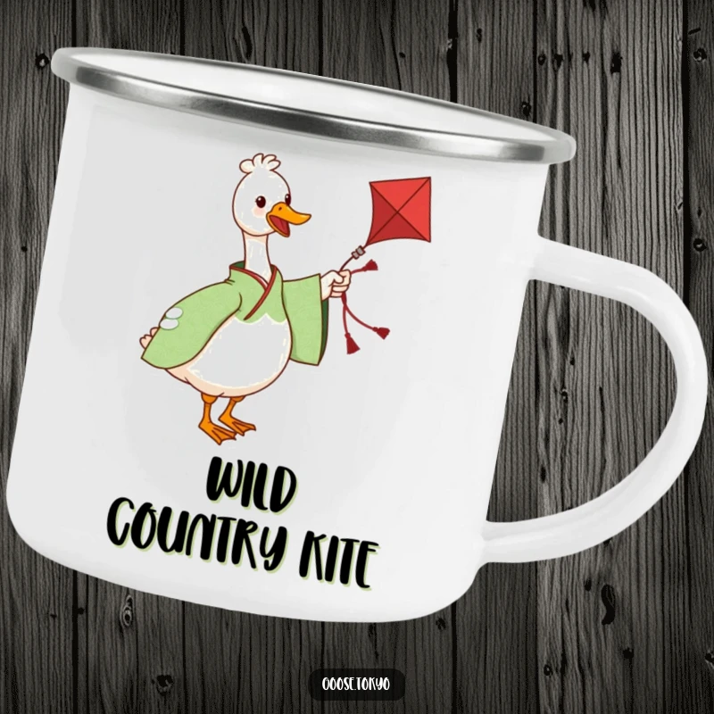 Funny camping mug showcasing a charming goose in a green patterned kimono twirling a kite, perfect for outdoor fun and hot drinks.
