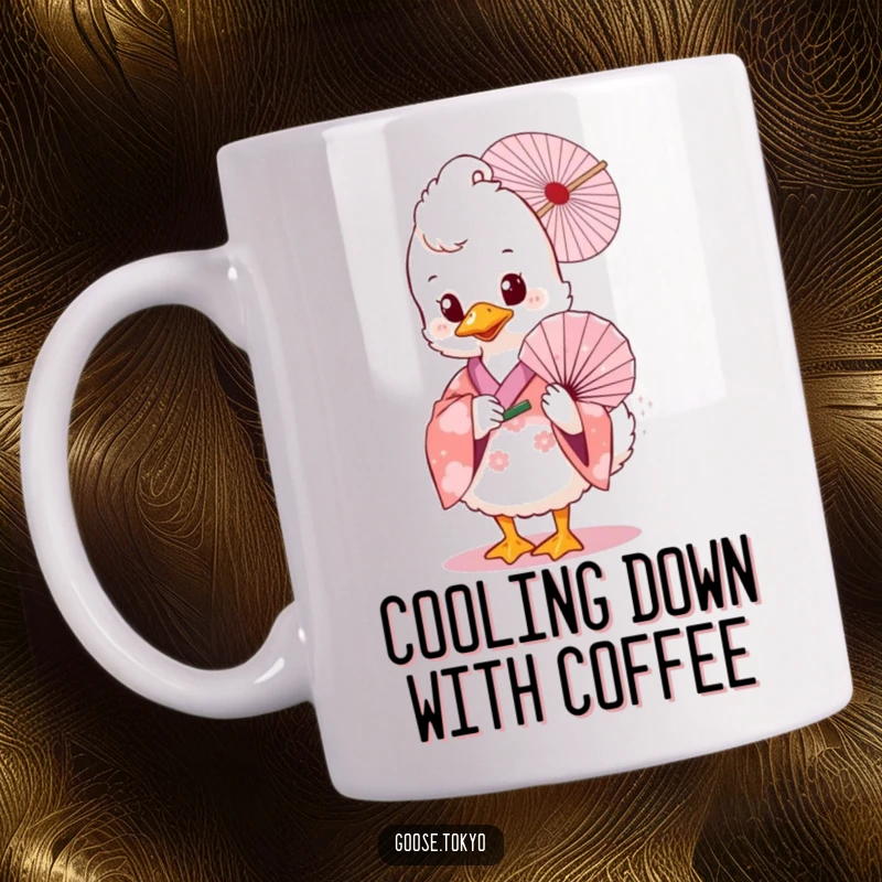 Funny goose kimono mug, a fluffy goose wearing a pink floral kimono, holding a delicate fan with poise and a gentle smile.