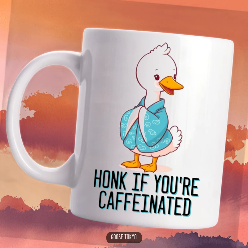 Funny goose kimono mug, a cute goose in a vibrant blue kimono gracefully bowing with a warm smile, exuding politeness and charm.