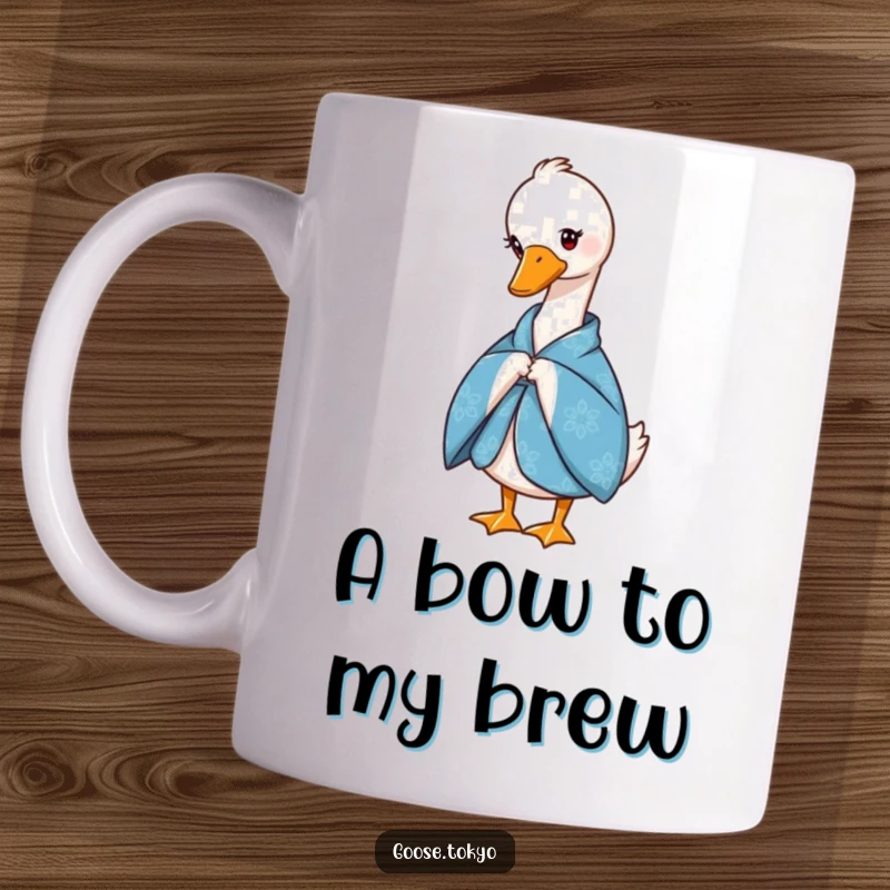 Funny mug featuring a graceful goose wearing a blue patterned kimono, performing a polite, slight bow with serene dignity.