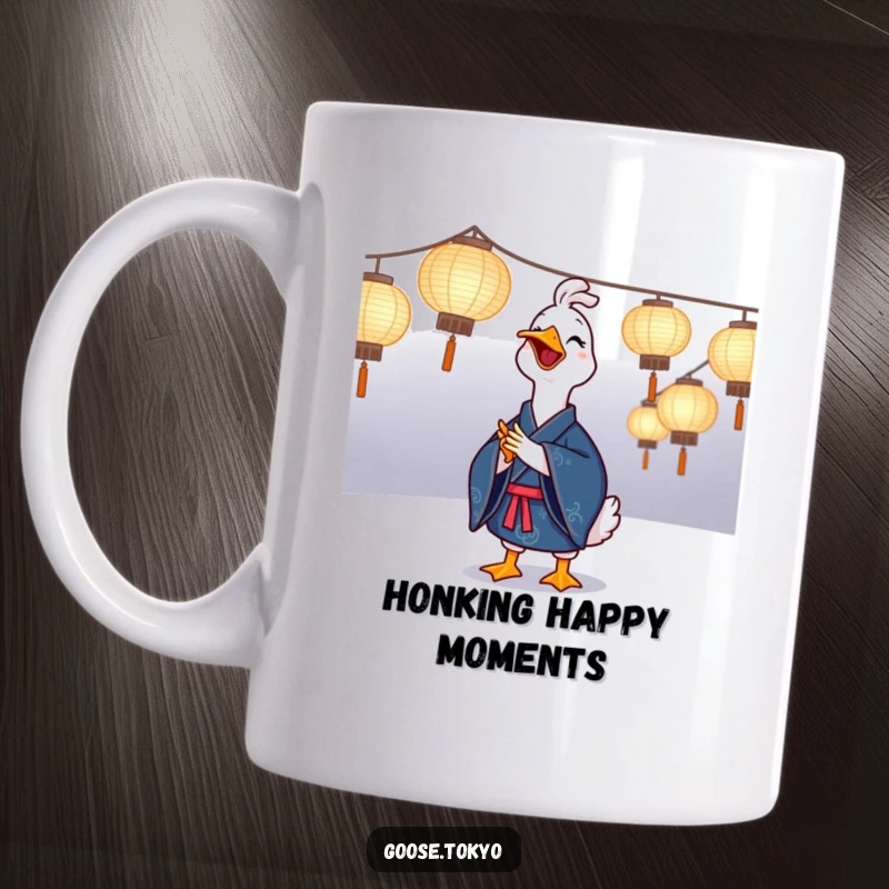 Funny goose mug featuring a joyful goose in a blue kimono clapping near illuminated paper lanterns, a humorous festive scene.