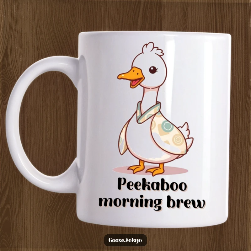 Funny goose kimono mug, a charming goose playfully peeking from behind a patterned kimono, full of mischief and cuteness.