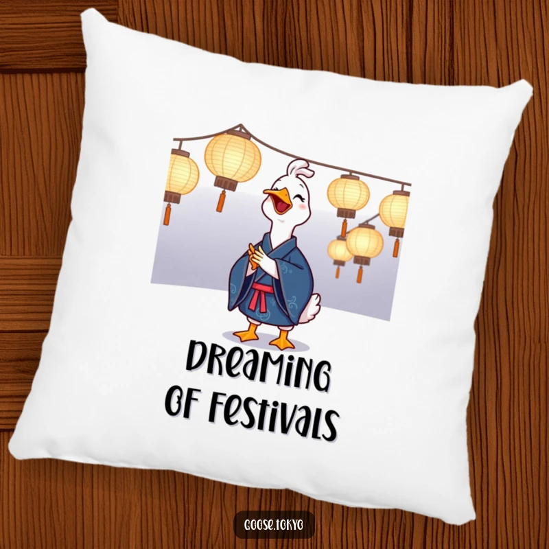 Funny goose pillow featuring a joyful goose in a blue kimono clapping near illuminated paper lanterns, perfect for adding funny festive charm.