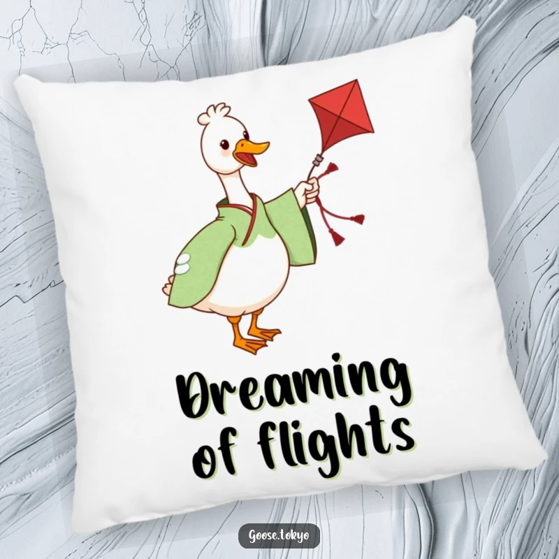Funny pillow with a charming goose in a green patterned kimono twirling a kite, perfect for adding playful comfort to any seating area.