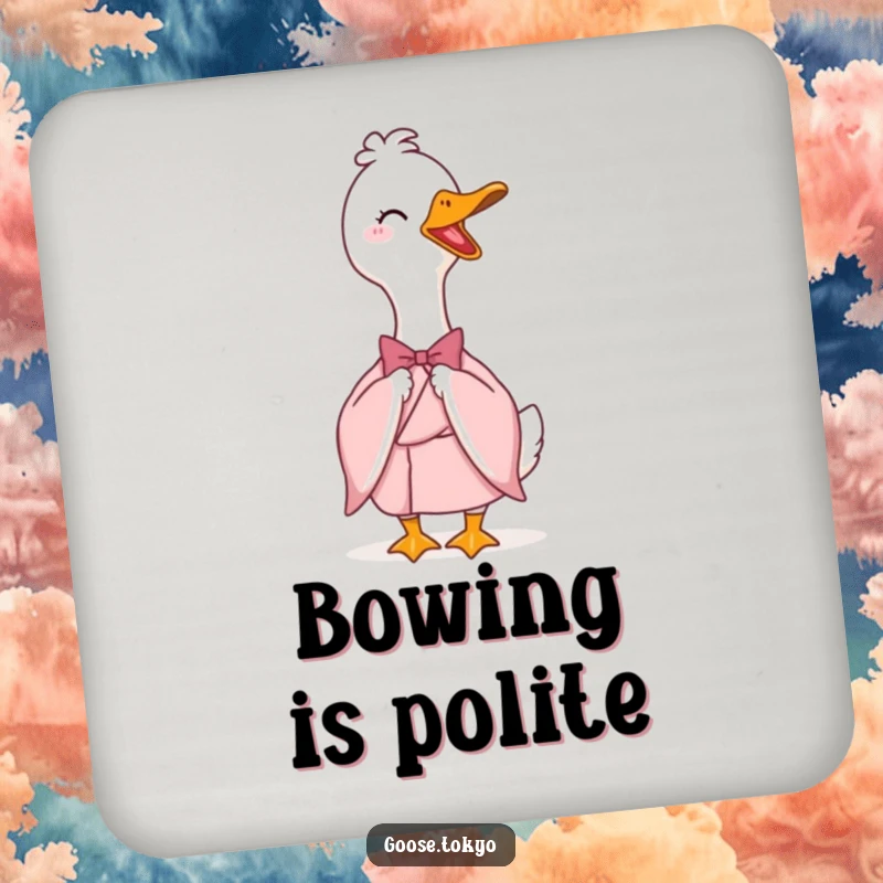 Funny coaster with a happy goose in a light pink kimono bowing elegantly, offering protection and humorous charm to tabletops.