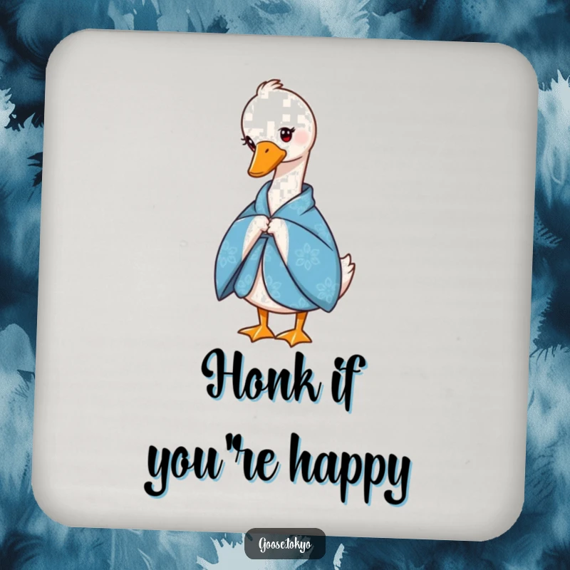 Funny drink coaster featuring a graceful goose in a blue patterned kimono, bowing slightly, adding elegance to tabletops.