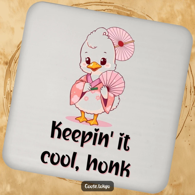 Funny goose drink coaster, a fluffy goose in a pink floral kimono holding a delicate fan, protecting surfaces with style and humor.