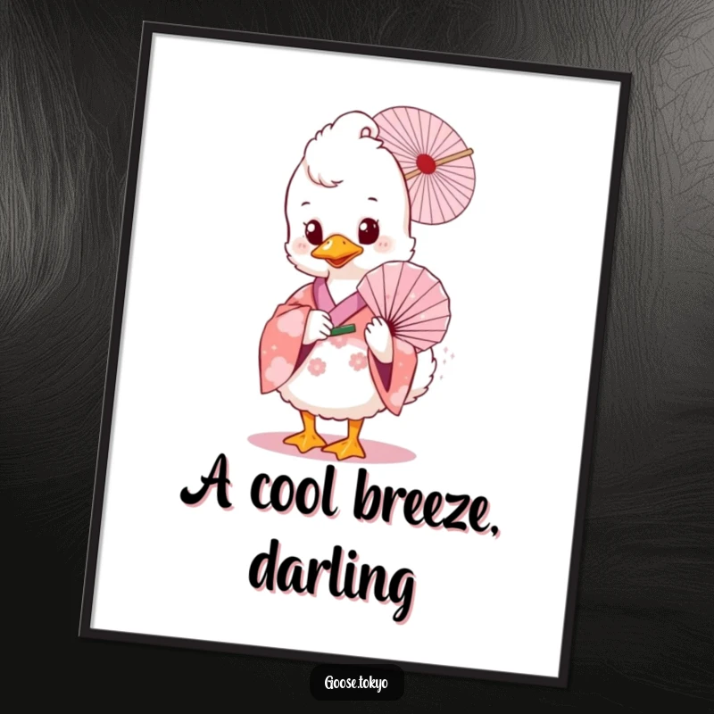Funny goose art print, a fluffy goose wearing a pink floral kimono, holding a delicate fan, adding an artistic and charming touch.