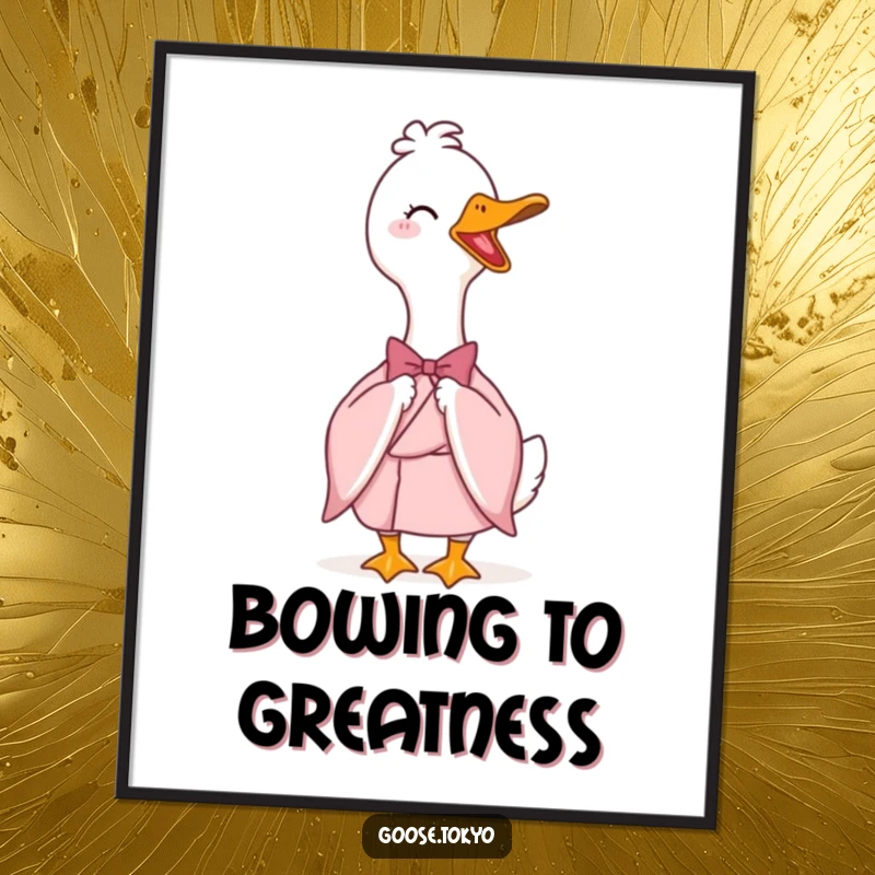 Funny poster art of a happy goose in a light pink kimono bowing elegantly, adding a touch of humorous sophistication to any wall.