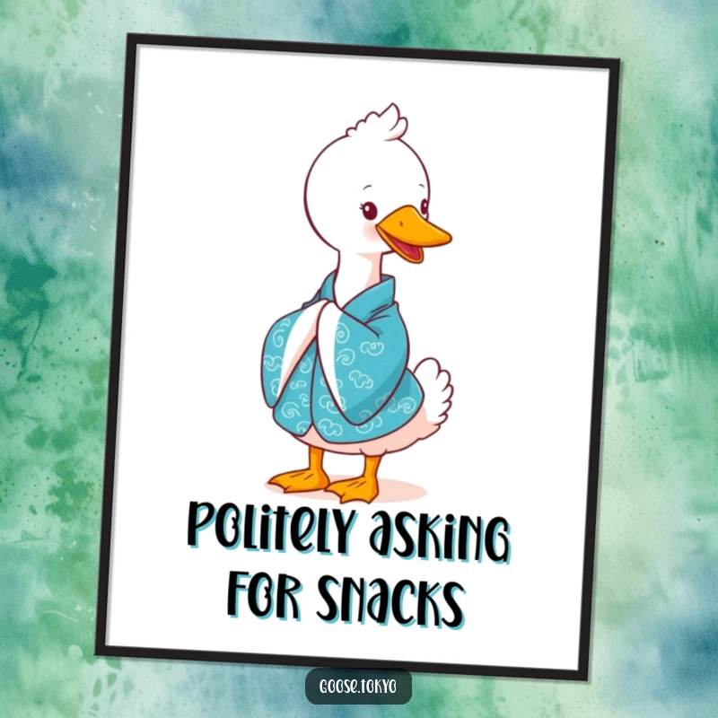 Funny goose art print, a cute goose in a vibrant blue kimono bowing gracefully with a smile, perfect for adding a touch of elegance.