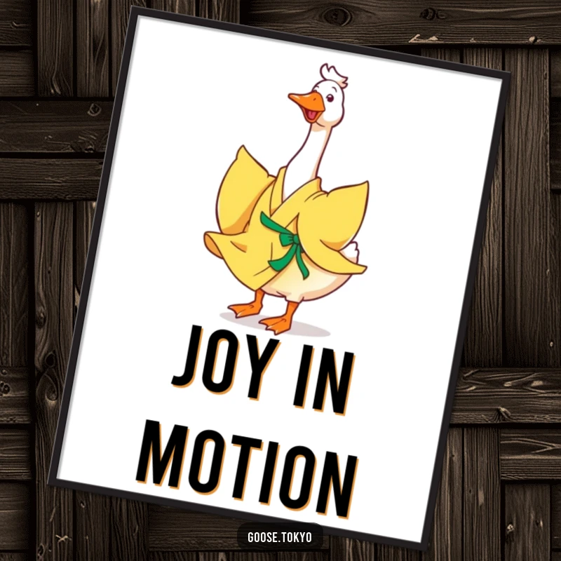 Funny goose art print, a happy goose in a flowing yellow kimono joyfully twirling, radiating positive energy and movement.