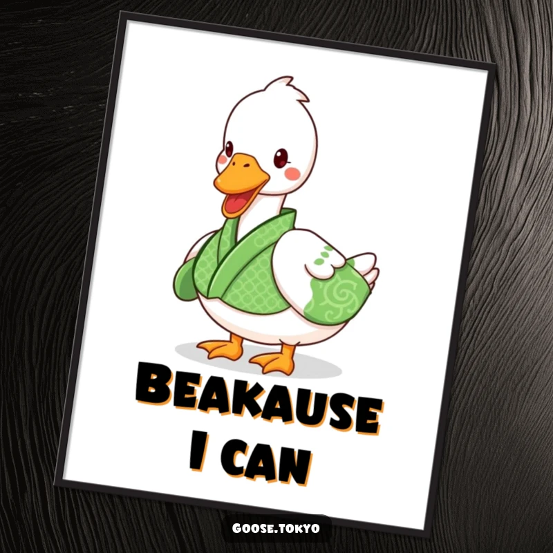 Funny goose poster showing a playful goose in a green patterned kimono waddling, a delightful piece of wall art.