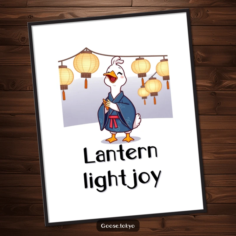 Funny goose poster of a joyful goose in a blue kimono clapping near illuminated paper lanterns, a humorous and festive piece of art.