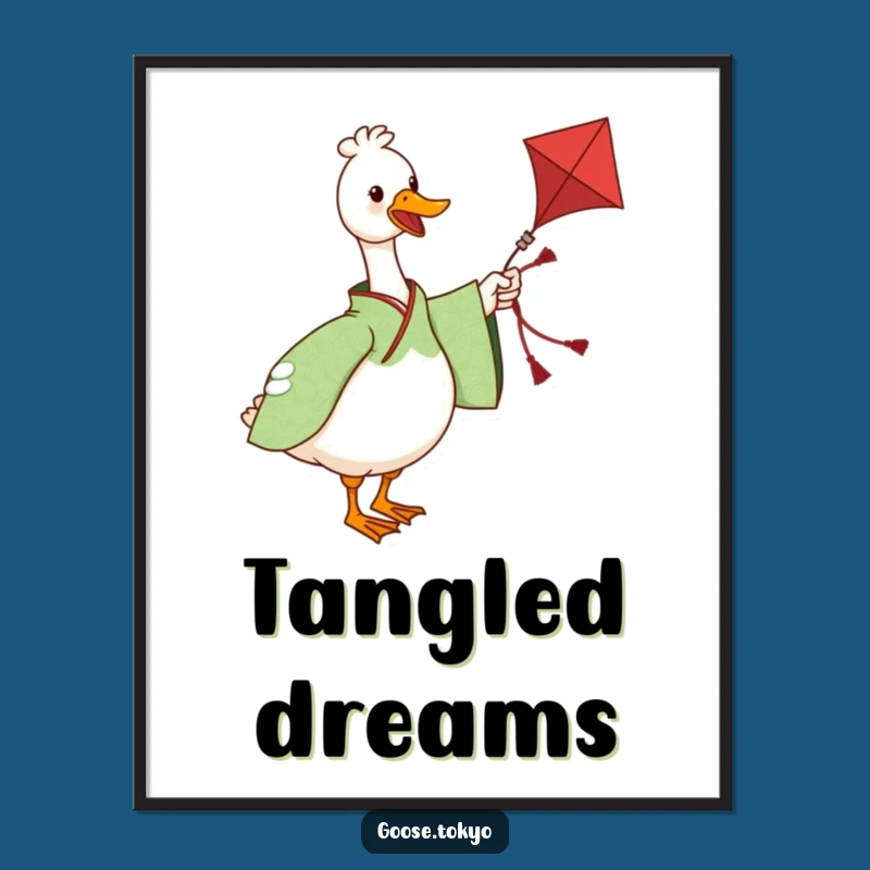 Funny Goose Kite Poster - Green Kimono Art, Whimsical Humorous Decor Gift