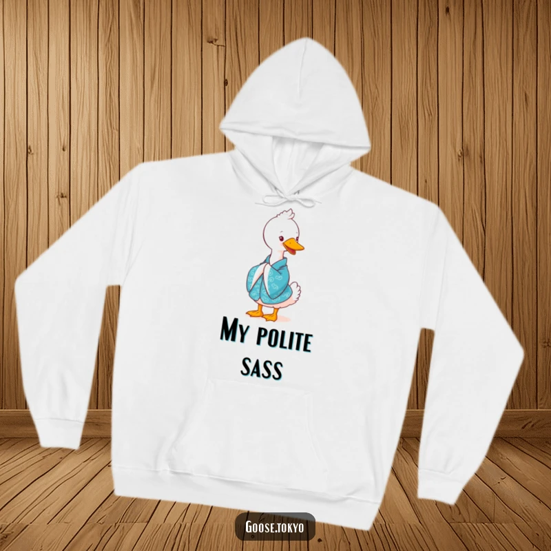 Funny goose hoodie, a cute goose in a vibrant blue kimono, bowing gracefully with a cheerful smile, perfect for comfortable wear.