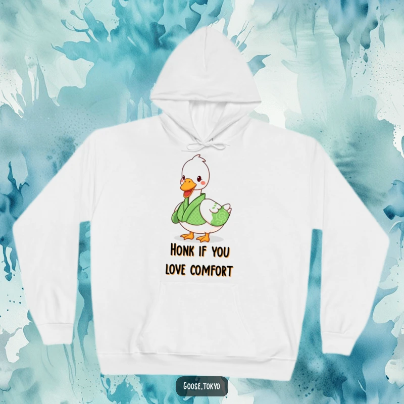 Funny goose hoodie featuring a playful goose in a green patterned kimono waddling, making it a great funny gift.