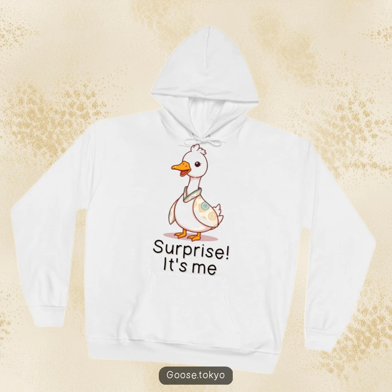 Funny goose hoodie, a charming goose playfully peeking from behind a patterned kimono, perfect for staying warm and stylish.