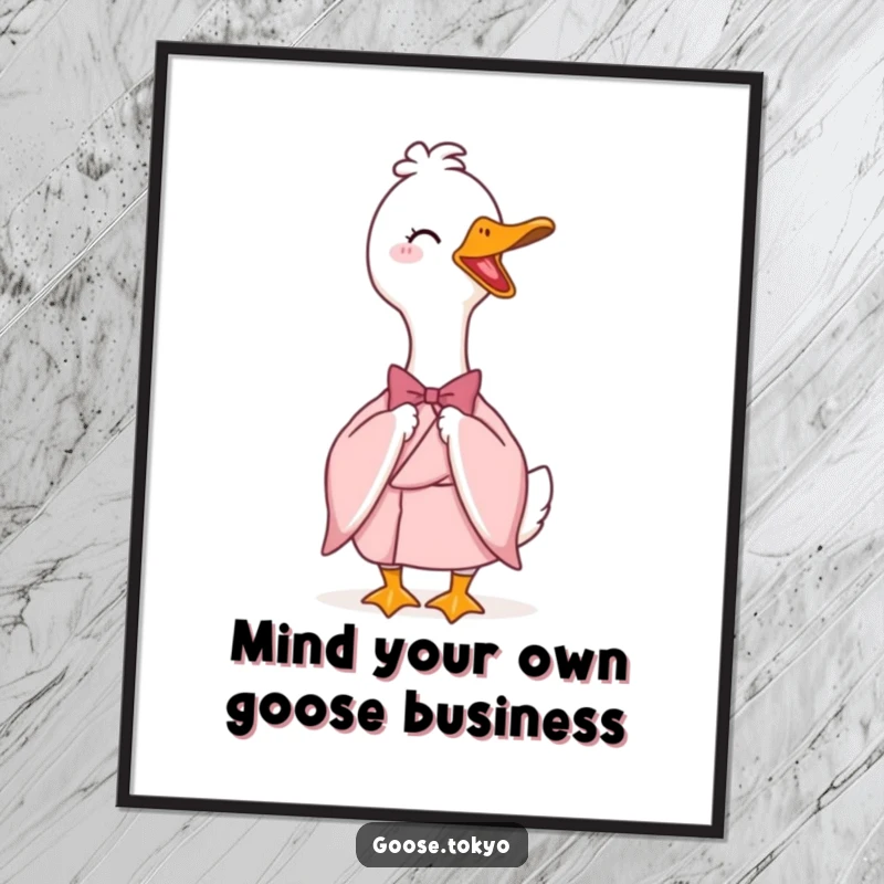 Funny Free Printable Wall Art: An elegant goose in a pink kimono bows gracefully, adding sophisticated humor to any room.