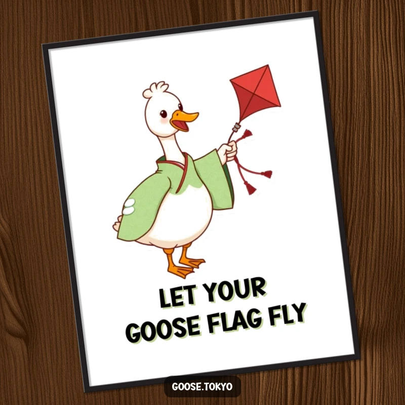 Funny Free Printable Wall Art: A charming goose in a green kimono twirls a decorative kite, bringing joy.