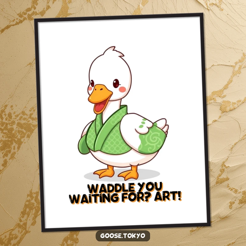 Funny Free Printable Wall Art: Playful goose in a patterned green kimono waddling with comical elegance.