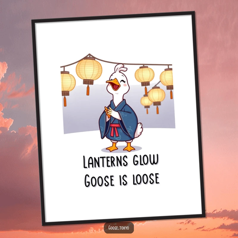Funny Free Printable Wall Art: A cheerful goose in a deep blue kimono clapping beside glowing illuminated paper lanterns, creating a festive mood.