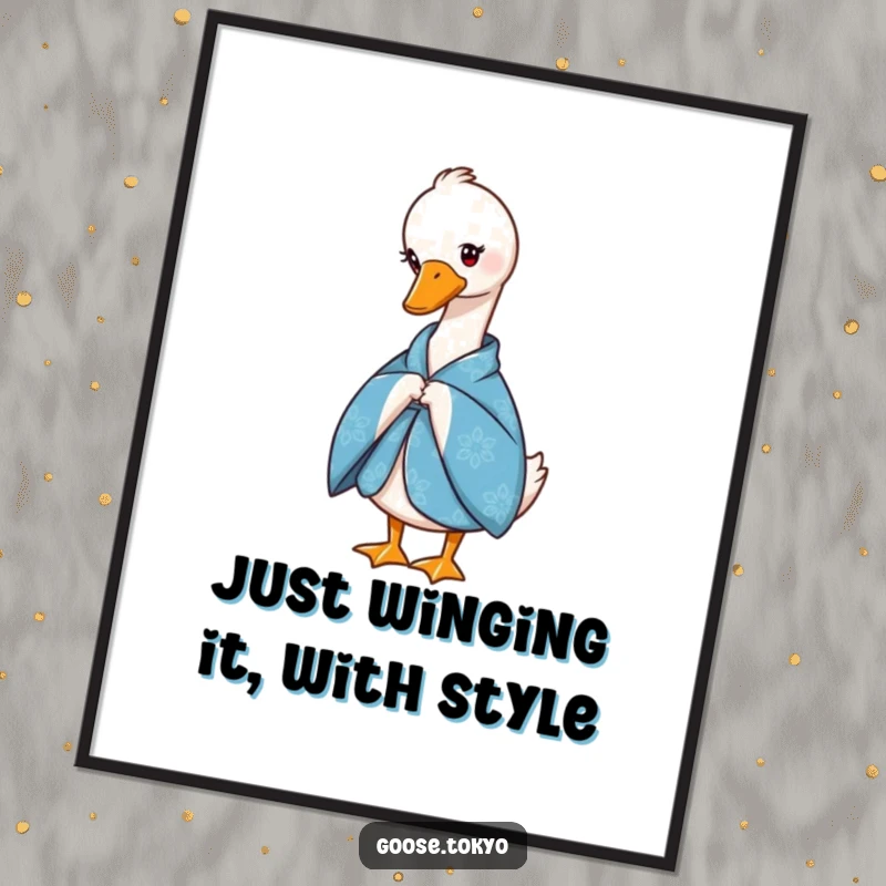 Funny Free Printable Wall Art: Graceful goose wearing an intricate blue patterned kimono, executing a slight, elegant bow.