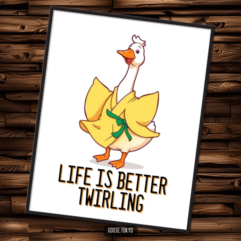 Funny Free Printable Wall Art: A happy goose in a yellow kimono joyfully twirls, its kimono flowing in a delightful dance of color.