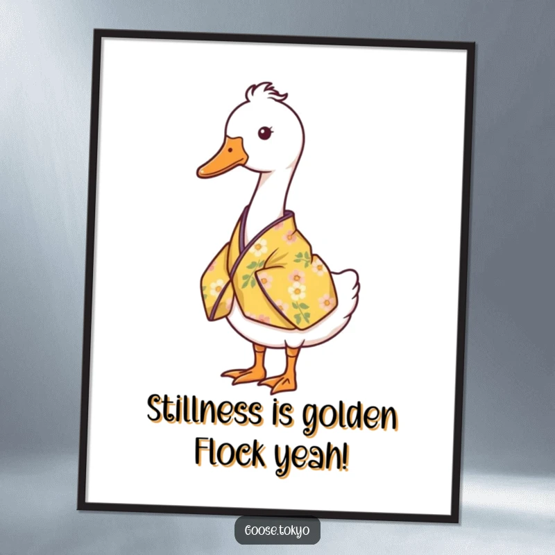 Funny Free Printable Wall Art: Serene goose in a yellow floral kimono standing gracefully.