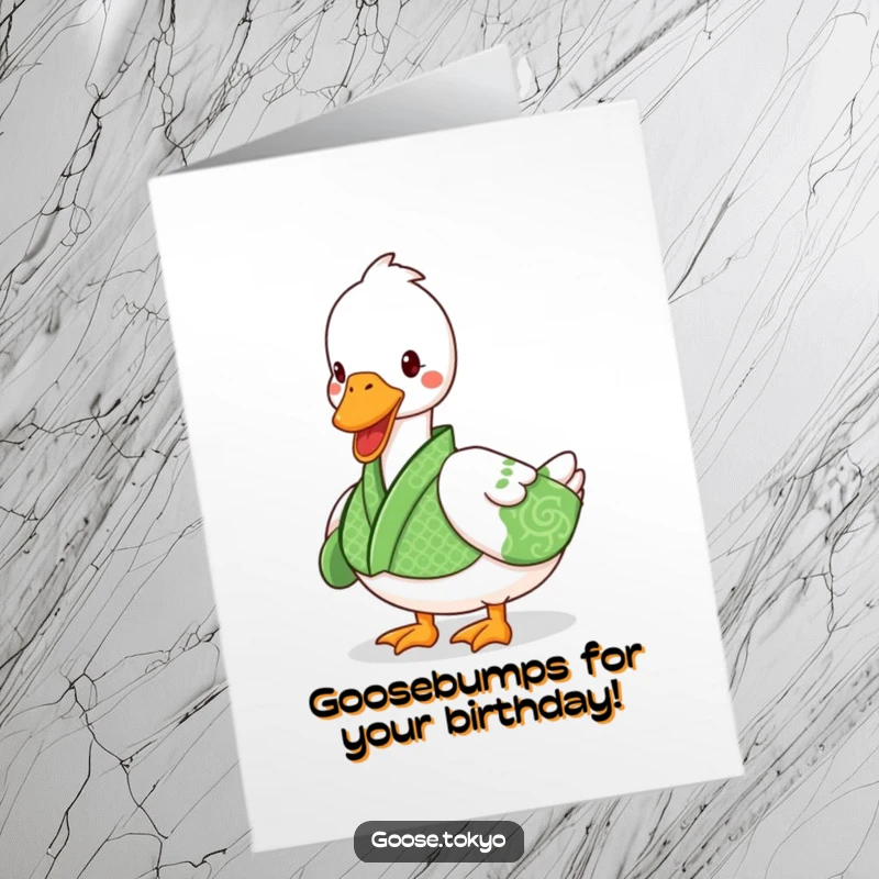 Funny Free Printable Birthday Card: Playful goose in a green kimono waddling with joy, ready to deliver birthday wishes.