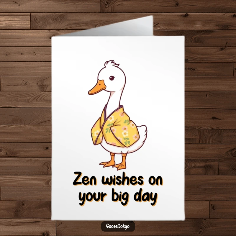 Funny Free Printable Birthday Card: Serene goose in a yellow floral kimono standing elegantly.