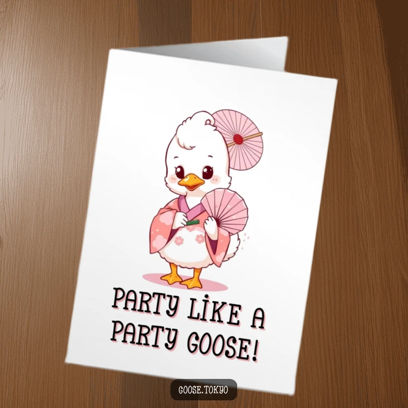Funny Free Printable Birthday Card: Fluffy goose in a pink floral kimono elegantly holds a delicate fan, looking stylish and playful.