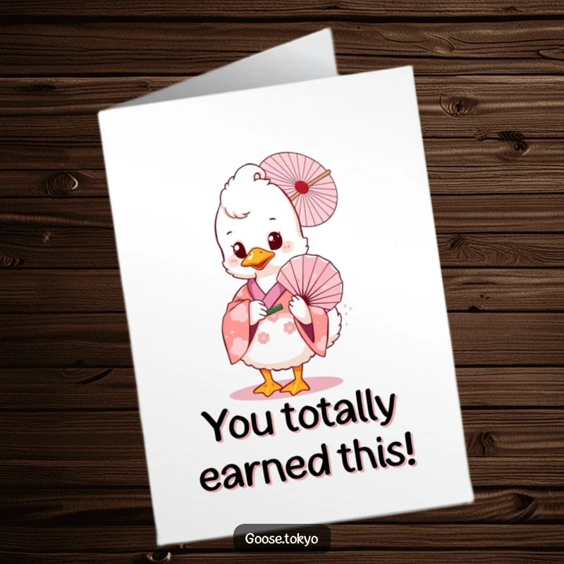Funny Free Printable Congrats Card: A fluffy goose in a beautiful pink floral kimono gracefully holds a delicate fan, exuding charm.