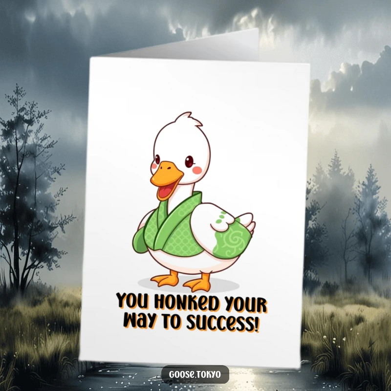 Funny Free Printable Congratulations Card: A playful goose in a green kimono waddling, symbolizing triumphant arrival.