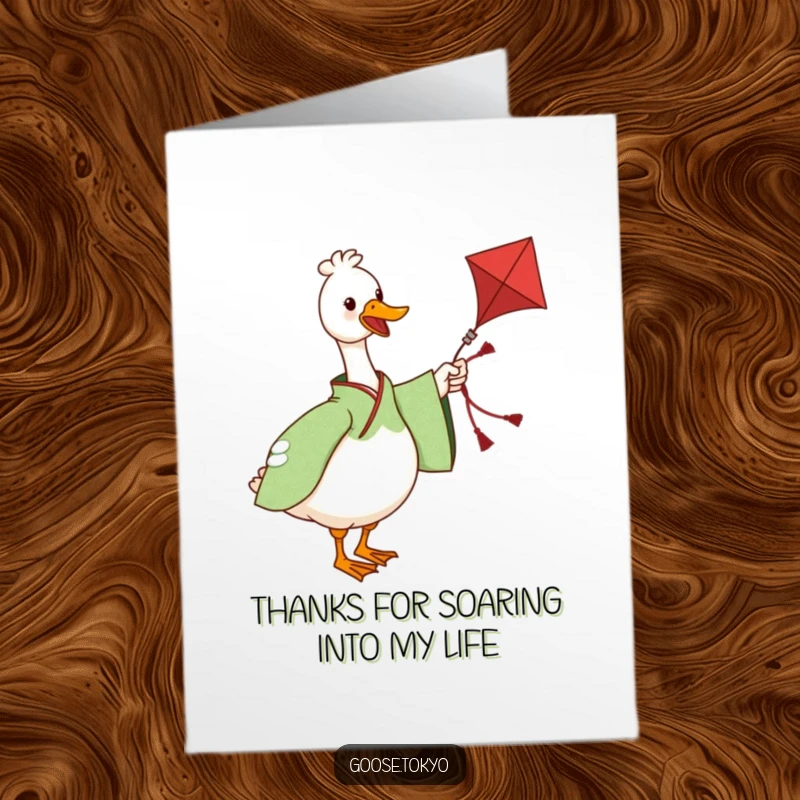 Funny Free Printable Thank You Card: A charming goose in a green kimono twirls a kite, full of gratitude.