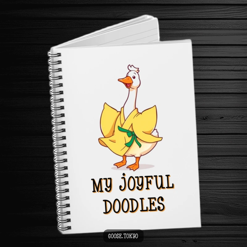 Funny goose notebook, a happy goose in a flowing yellow kimono joyfully twirling, ideal for journaling, sketching, or planning.