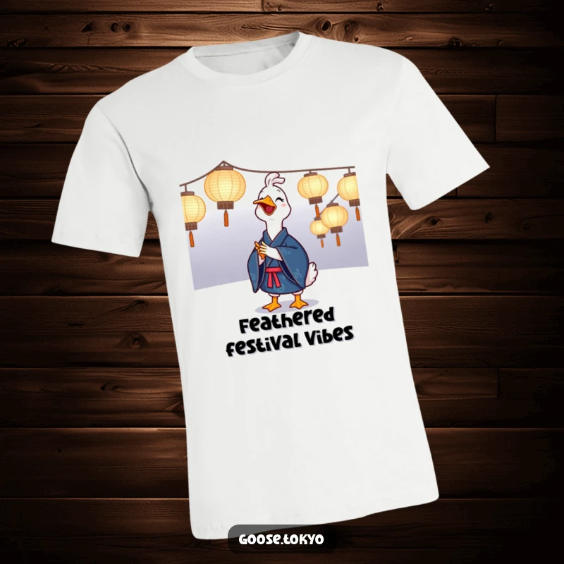 Funny goose t-shirt of a joyful goose in a blue kimono clapping near illuminated paper lanterns, a humorous depiction of festive celebration.